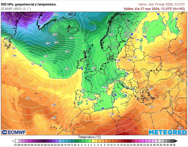 Ídem que el caso anterior pero con las temperaturas en 850 hPa con la entrada de norte comentada con anterioridad. Tiempo.com