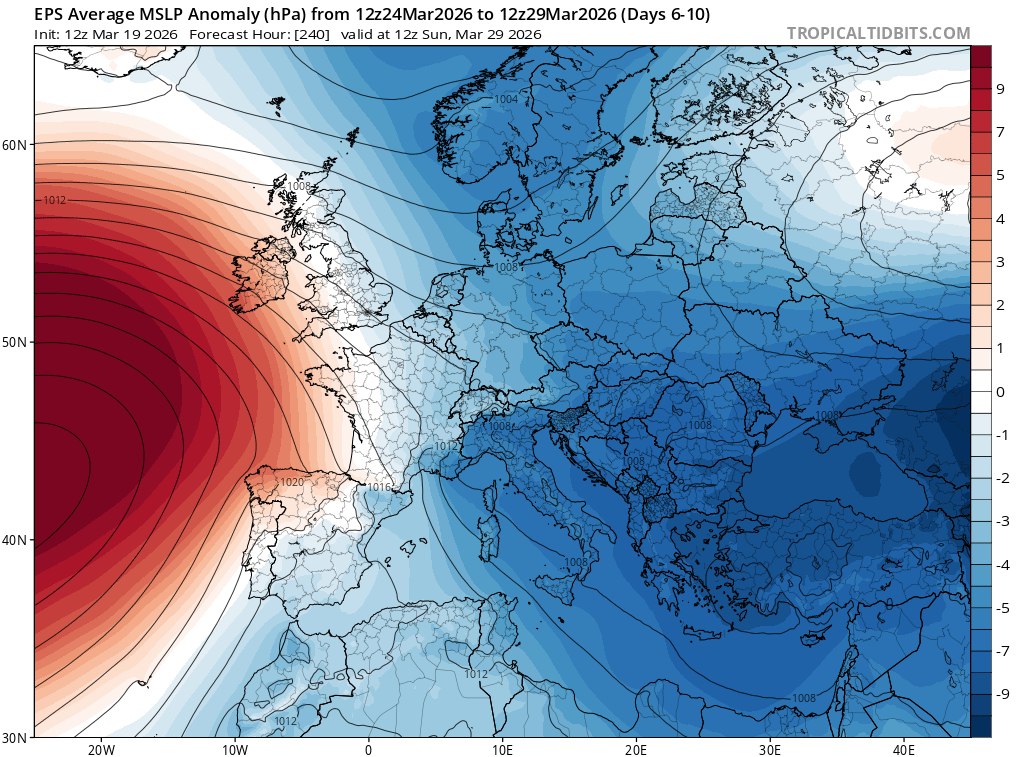 Mapa medio de presión en superficie y anomalías en escala de colores para el periodo según modelo probabilístico EPS ECMWF para el periodo 24-29 de marzo de 2026. Tropiclatidbits