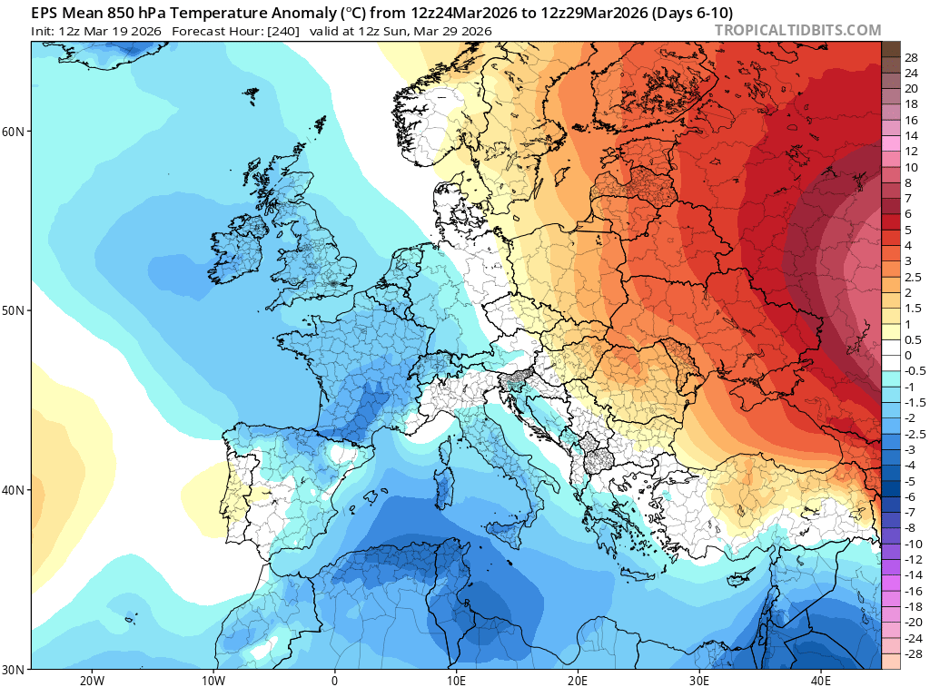 Anomalías de la temperatura a 2 m para las mismas fechas del mapa anterior con anomalías frías/cálidas en tonalidades azules/rojas. Tropicaltidbits