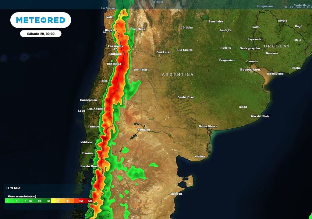 nieve acumulada Mapa de nieve acumulada hasta el sábado 29, de acuerdo al ECMWF de Meteored. En sectores de la cordillera cuyana se esperan más de 100 cm