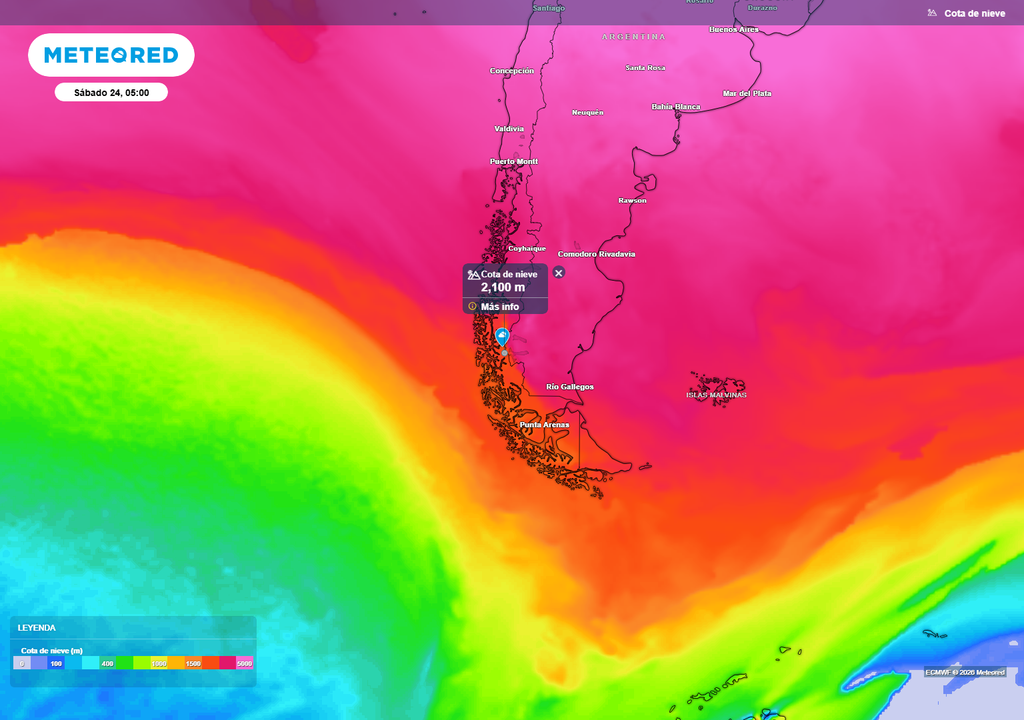 pronóstico de isoterma cero Durante la madrugada del sábado (24), la isoterma cero grados descenderá a valores próximos a los 2.000 m de altitud en toda la extensión de la Región de Magallanes.