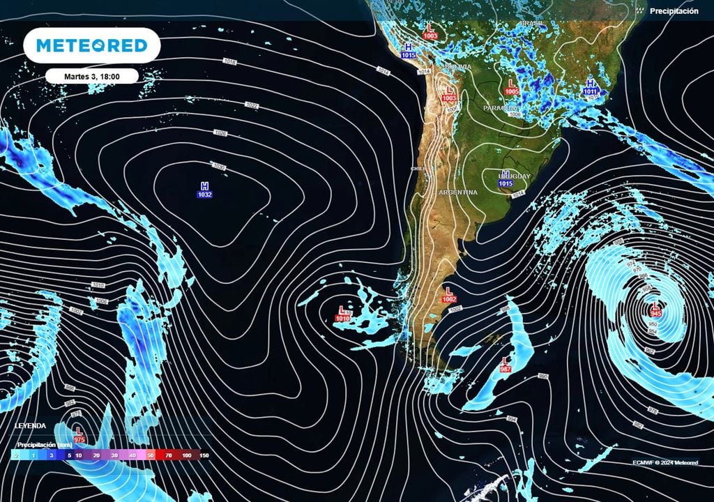 pronóstico de precipitaciones y presión del modelo ECMWF