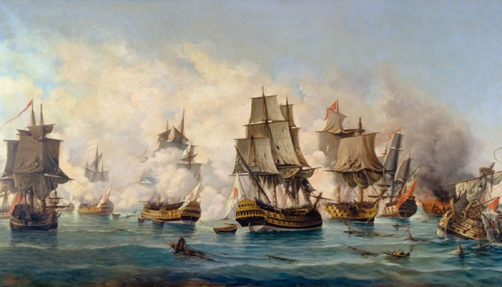 A navegação portuguesa do século XVIII consolidou rotas atlânticas para o Brasil e o comércio colonial. Imagem: Óleo de António José Ramos, 1956, Museu Naval.