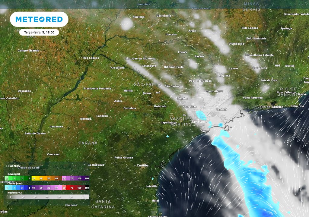 Previsão de nebulosidade, ventos e chuva na terça-feira durante a tarde.