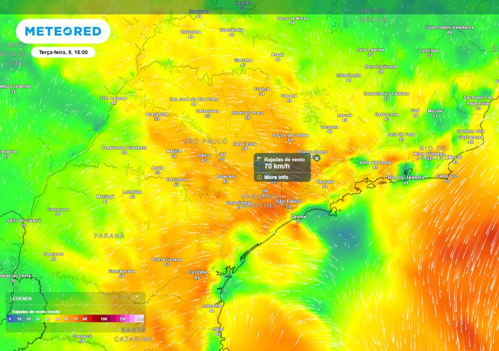 Previsão de rajadas de vento na terça-feira durante a tarde.
