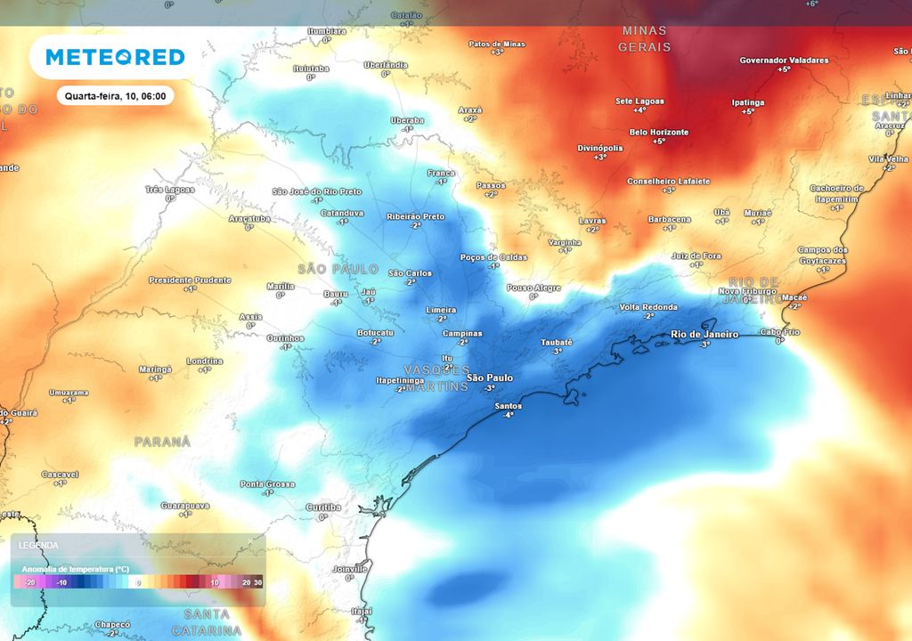 Previsão de anomalias de temperatura em 850 hPa na quarta-feira durante a manhã.