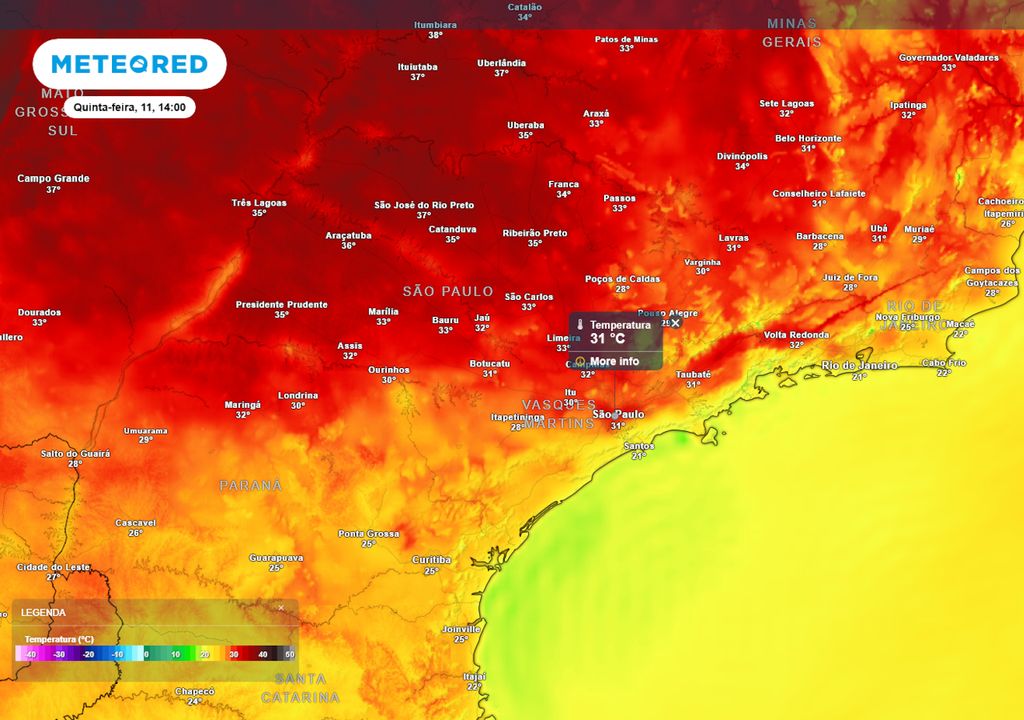 Previsão de temperaturas máximas na quinta-feira durante a tarde.
