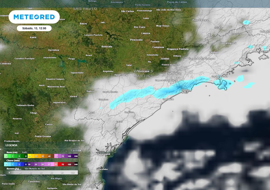 Previsão de nebulosidade e chuva no sábado durante o meio-dia.