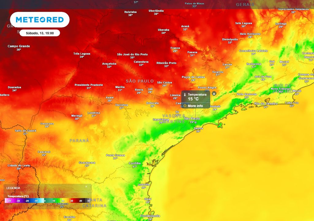Previsão de temperaturas máximas no sábado.