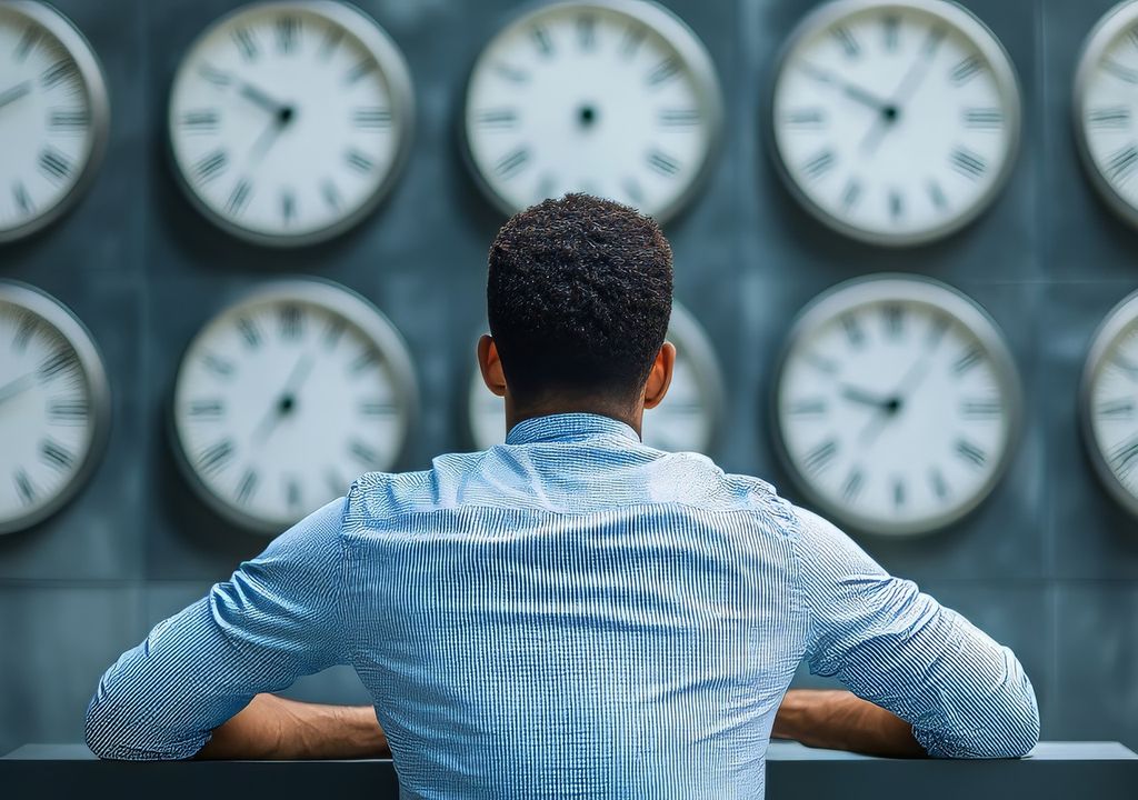 persona mirando hacia varios relojes. imagen creada con inteligencia artificial persona mirando hacia varios relojes. imagen creada con inteligencia artificial