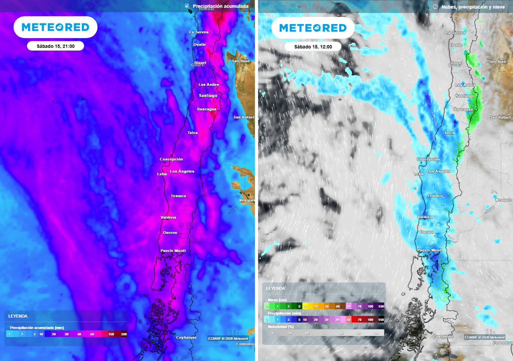 precipitación acumulada y lluvias previstas El sur de Chile espera lluvias con isoterma cero alta en la segunda mitad de la semana.