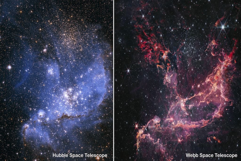 Las guarderias estelares son regiones llenas de gas y polvo en donde nacen estrellas. Imagen de la Nebulosa NGC 346 vista por Hubble y Webb.