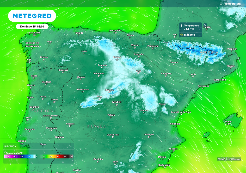 Temperaturas mínimas previstas en la madrugada del domingo. Fuente: modelo europeo.