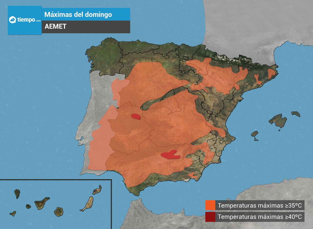 Mapa con las temperaturas máximas superiores a los 35ºC previstas para el domingo por la AEMET. Grafismo de Tiempo.com.