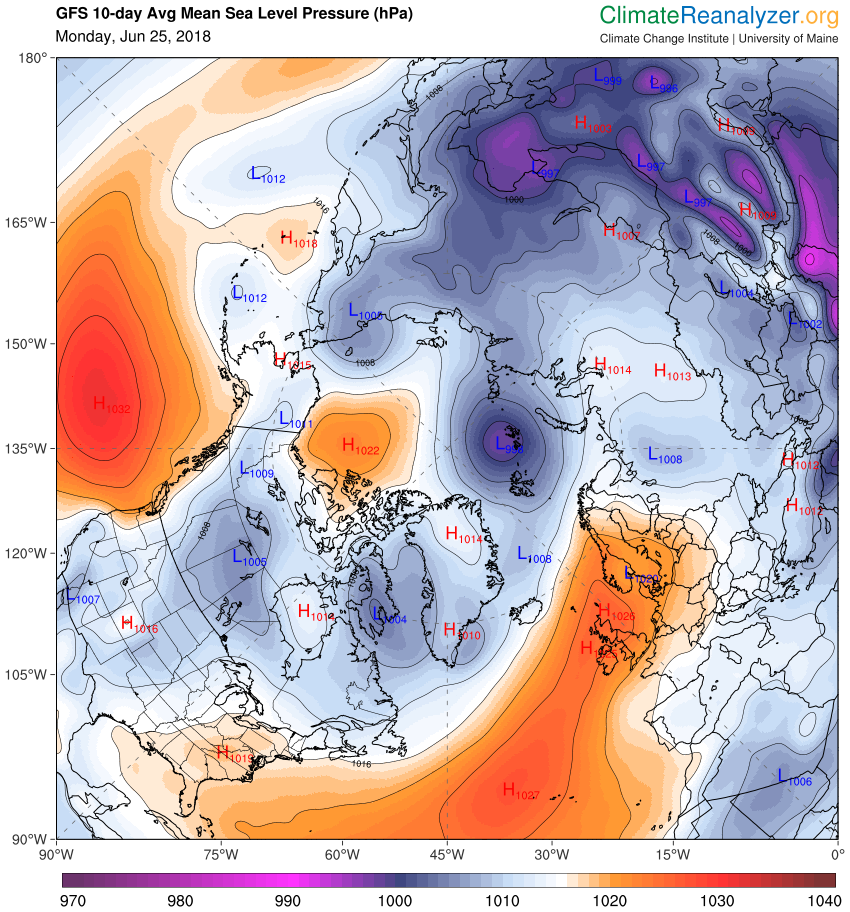 Presión media prevista a 10 días vista de la presión a nivel del mar a fecha de 25 de junio de 2018, según el modelo GFS. Un potente anticiclón de las Azores está refrescando ciertas zonas tropicales de las aguas atlánticas. Climate Reanalyzer