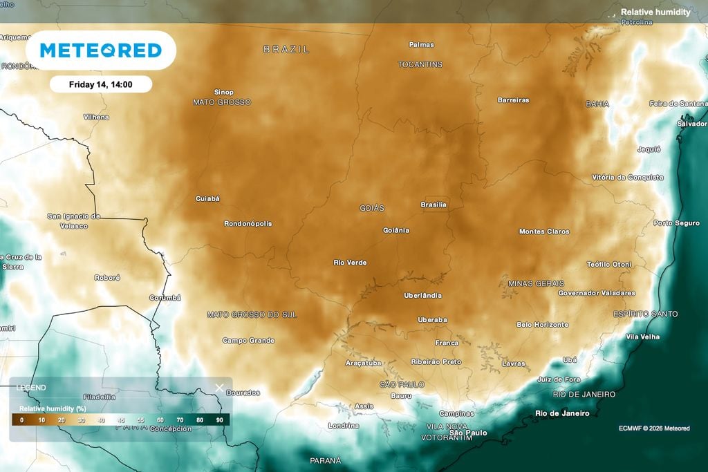 Goiás, tomate Umidade relativa do ar baixa na tarde de sexta-feira, 14 de agosto, com destaque para o Centro-Oeste e o interior do país.
