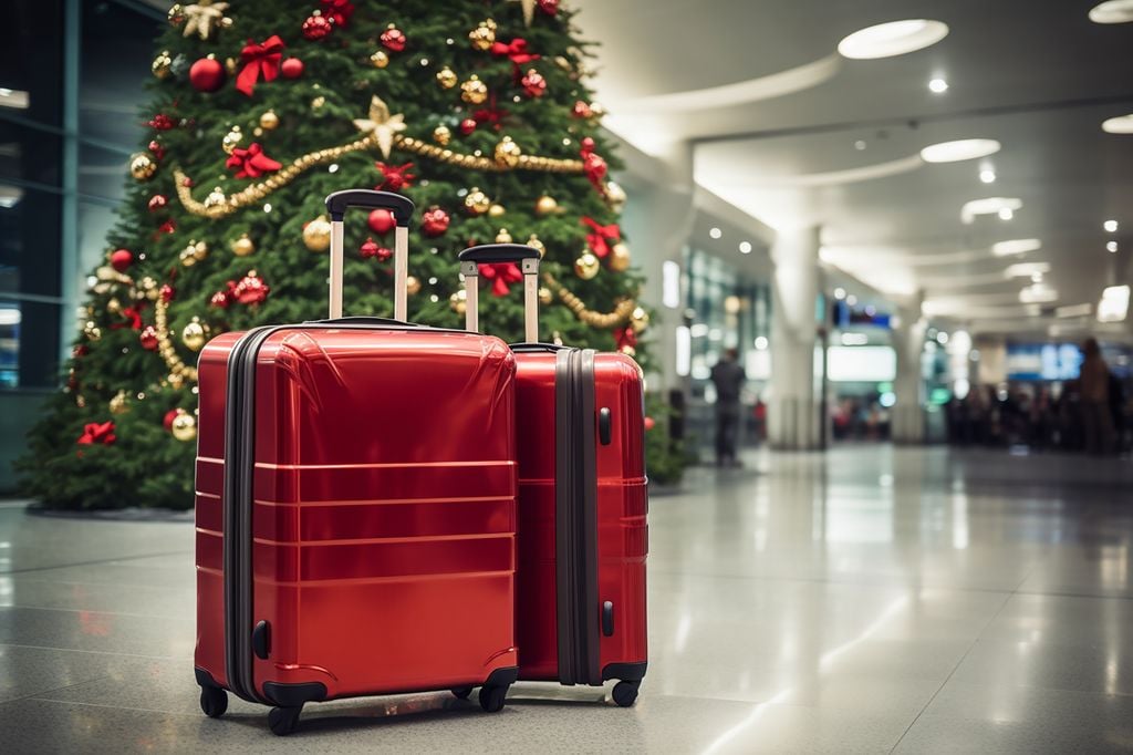 Red suitcases near Christmas tree at the airport