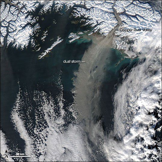 Tormenta de polvo en Alaska vista por el MODIS. Imagen NASA.
