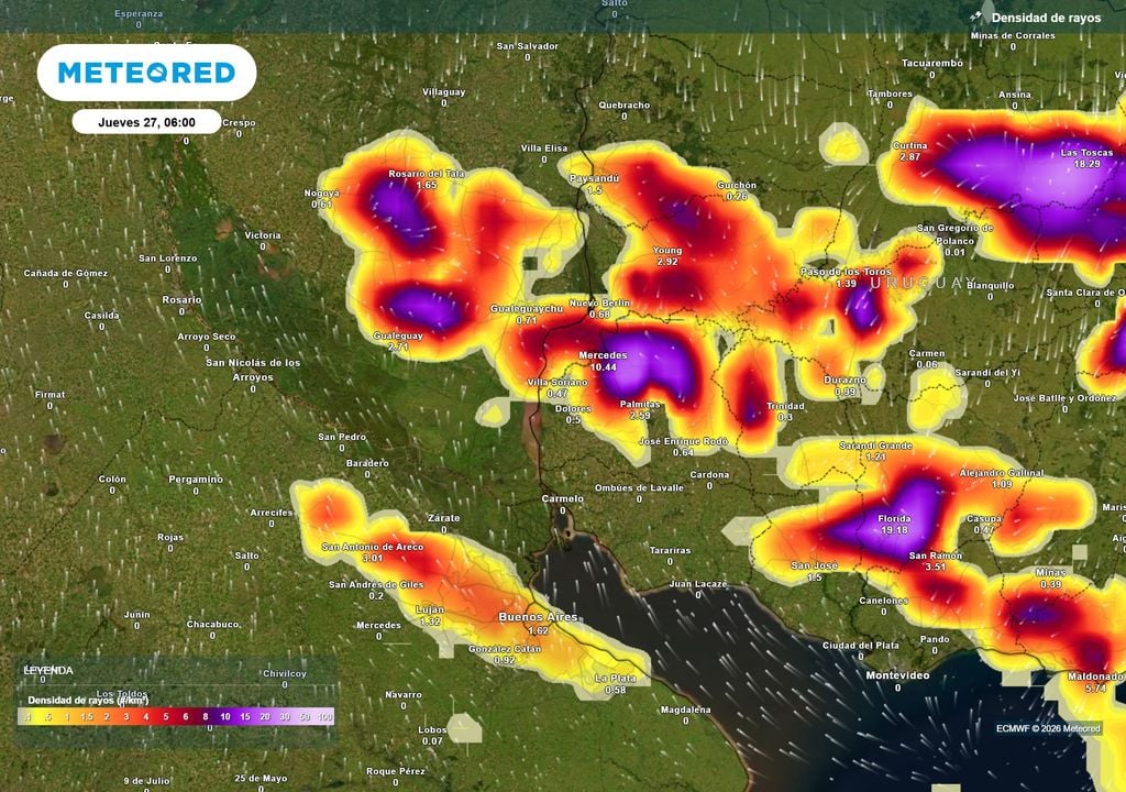 Densidad de rayosJueves 27 de Agosto a las 6 h. Densidad de rayos para el jueves 27 de Agosto a las 6 h según el modelo ECMWF.