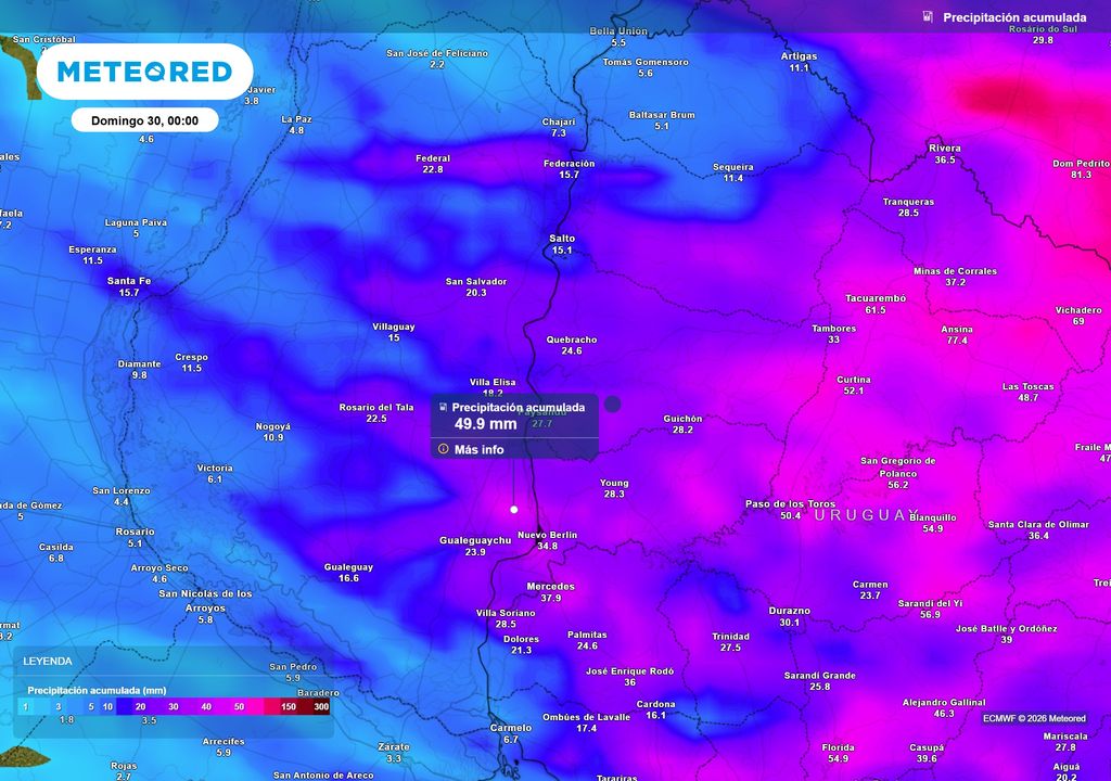 Precipitación acumulada__Domingo 30 0 Precipitación acumulada según el modelo ECMWF para la noche del sábado 29 de Agosto.