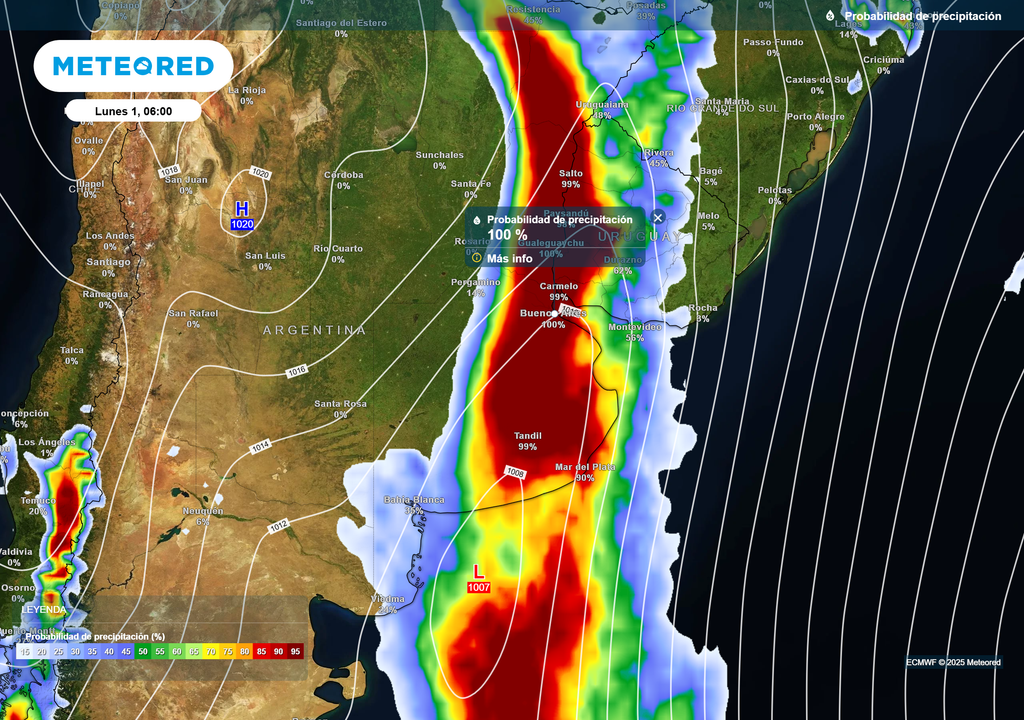 Probabilidad de precipitación según el modelo ECMWF en AMBA el lunes 1 de septiembre a las 6 h.