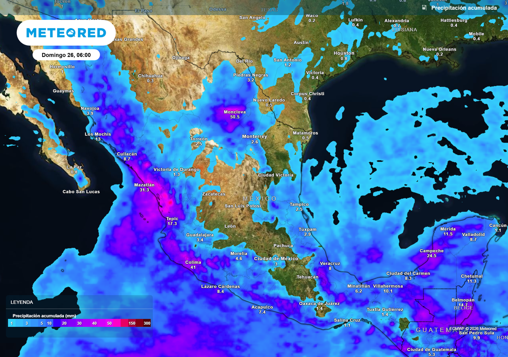 Pronóstico de lluvias acumuladas en milímetros Lluvia fuertes se concentrarán este sábado en la Sierra Madre Occidente, Pacífico y sureste con 30-50 mm o mayores, siendo menores en el resto del país.