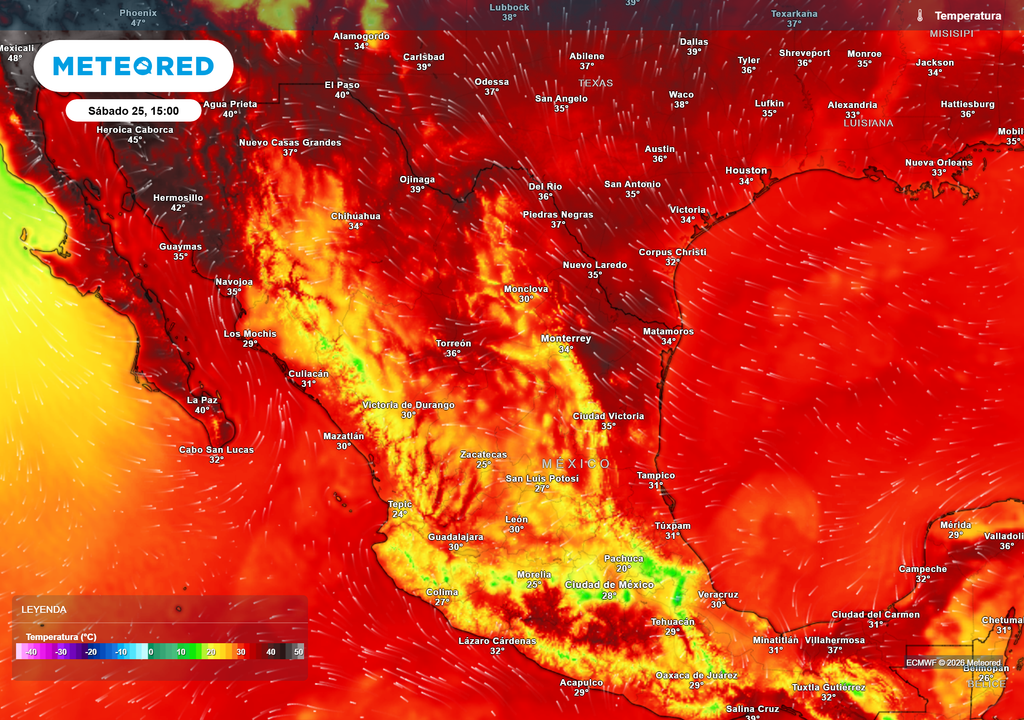 Pronóstico de temperaturas máximas en grados Celsius Estados del norte tendrán intenso calor de 35-45 °C con extremas rondando los 50 °C; la mitad centro sur se prevé de 30-40 °C máximos, y menores en el Altiplano.