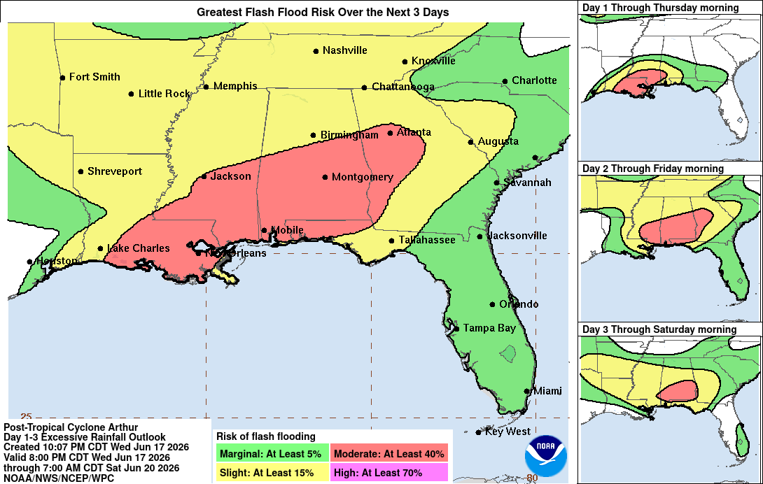 Mapas de riesgo de inundaciones para las zonas afectadas por ex-Arthur para los próximos días. NHC
