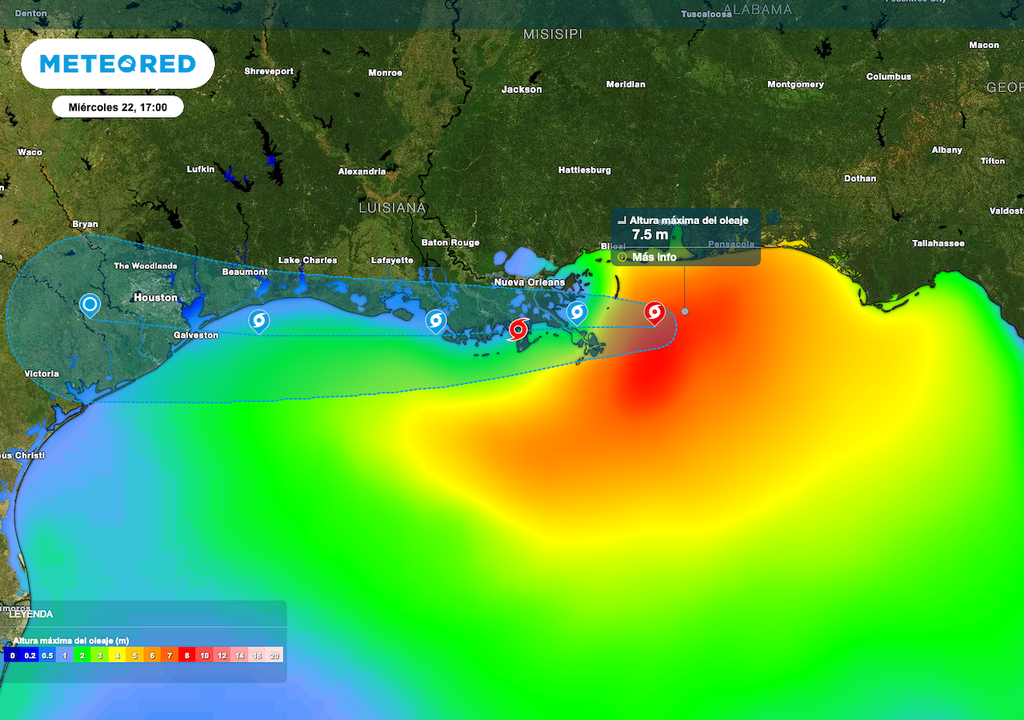 Oleaje elevado de 5 a 8 metros de altura en costas de Luisiana, Mississippi y Florida al momento del impacto. Oleaje elevado de 5 a 8 metros de altura en costas de Luisiana, Mississippi y Florida al momento del impacto.