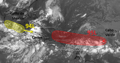 Zones surveillées par le NHC sur 3-7 jours au 27 juin 2024 06 UTC avec les Invest 94L et 95L. Weather.com