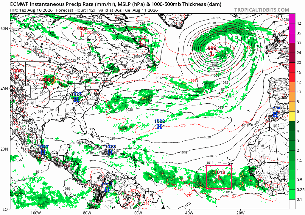 Presión en superficie y precipitaciones previstas por el modelo ECMWF para los próximos días, 11-16 de agosto de 2026, con el posible desarrollo de Cristobal, zona en recuadro. Tropicaltidbits