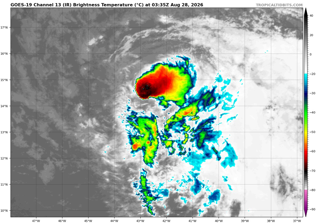 Imagen infrarroja realzada con la tormenta tropical Dolly para el 28 de agosto de 2026 03:35 UTC. Tropicaltidbits