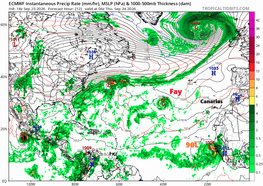 Presión en superficie y precipitaciones, en escala de colores, previstas entre el 24 y 29 de septiembre de 2026 con Fay e Invest 90L por el modelo ECMWF. Tropicaltidbits
