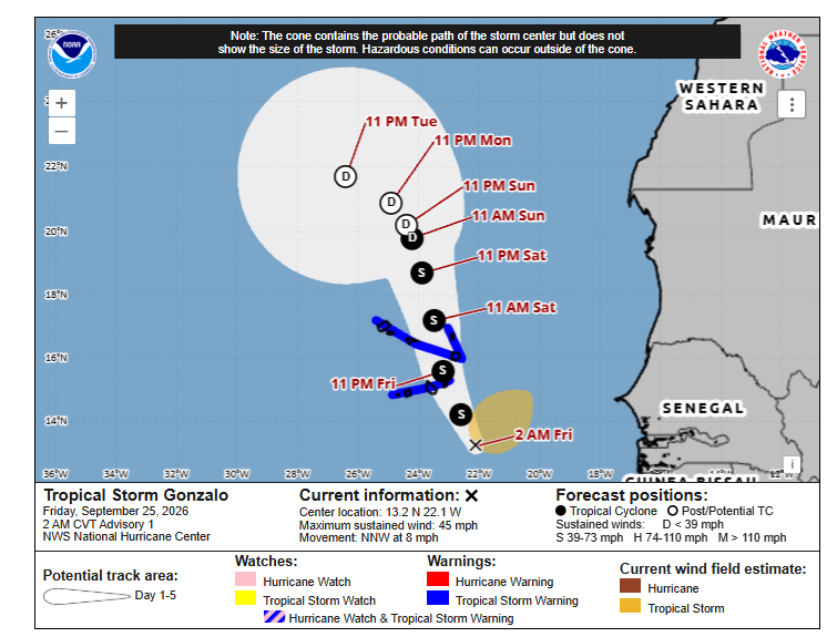Prévisions d’intensité et de trajectoire de Gonzalo pour les prochains jours, avec le cône d’incertitude. Source : NHC. Prévisions d’intensité et de trajectoire de Gonzalo pour les prochains jours, avec le cône d’incertitude. Source : NHC.