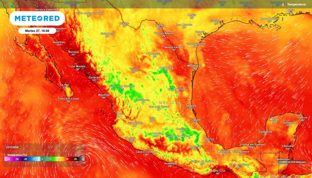 Pronóstico de temperaturas en grados Celsius La nubosidad y lluvias ayudarán a refrescar el norte y centro, así como occidente con 15-25 °C, pero el calor se mantendrá en el noroeste, noreste, Pacífico y sureste >35 °C.