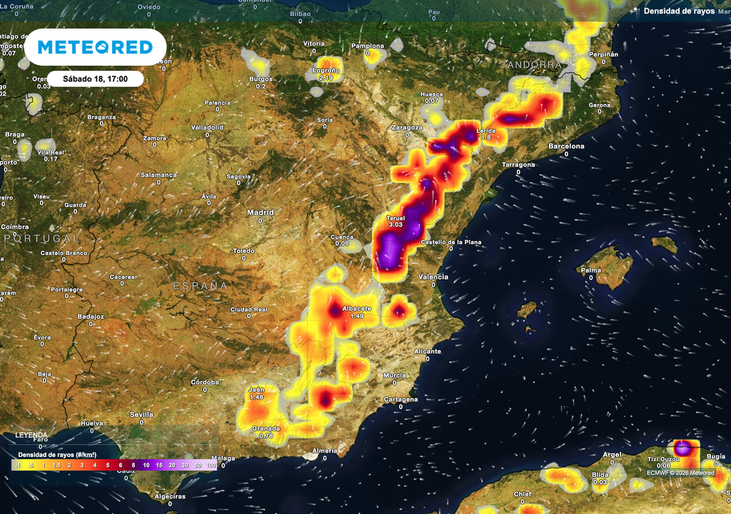 Densidades de rayos muy elevadas previstas por el modelo europeo para esta tarde a las 18:00.
