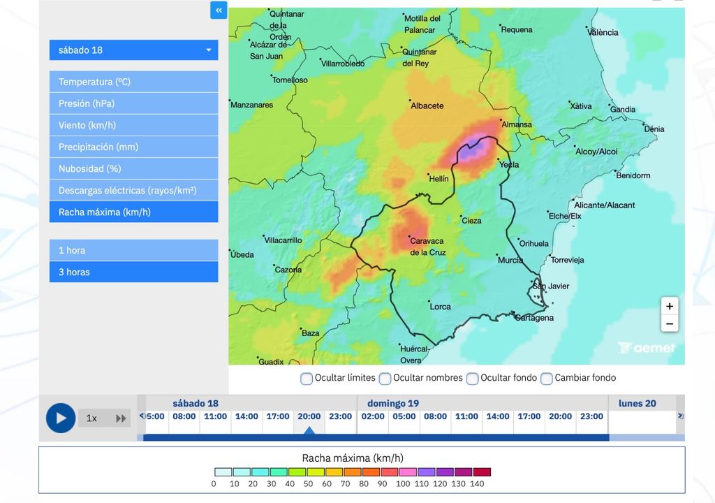 Rachas de viento localmente huracanadas previstas por el modelo Harmonie-Arome para esta tarde. Fuente: AEMET.
