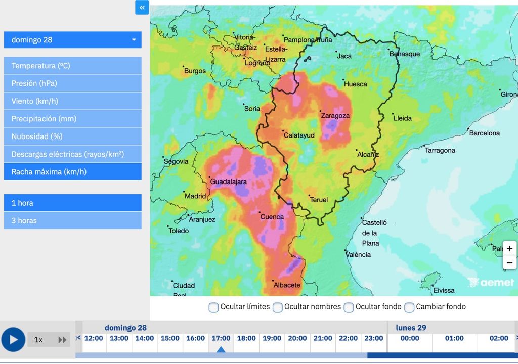 El modelo Harmonie-Arome de la AEMET prevé rachas superiores a 100 km/h en Aragón, mañana por la tarde.