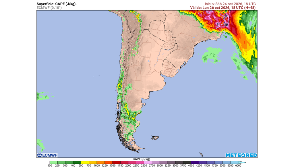 mapa de CAPE. Probables tormentas, granizo y viento.