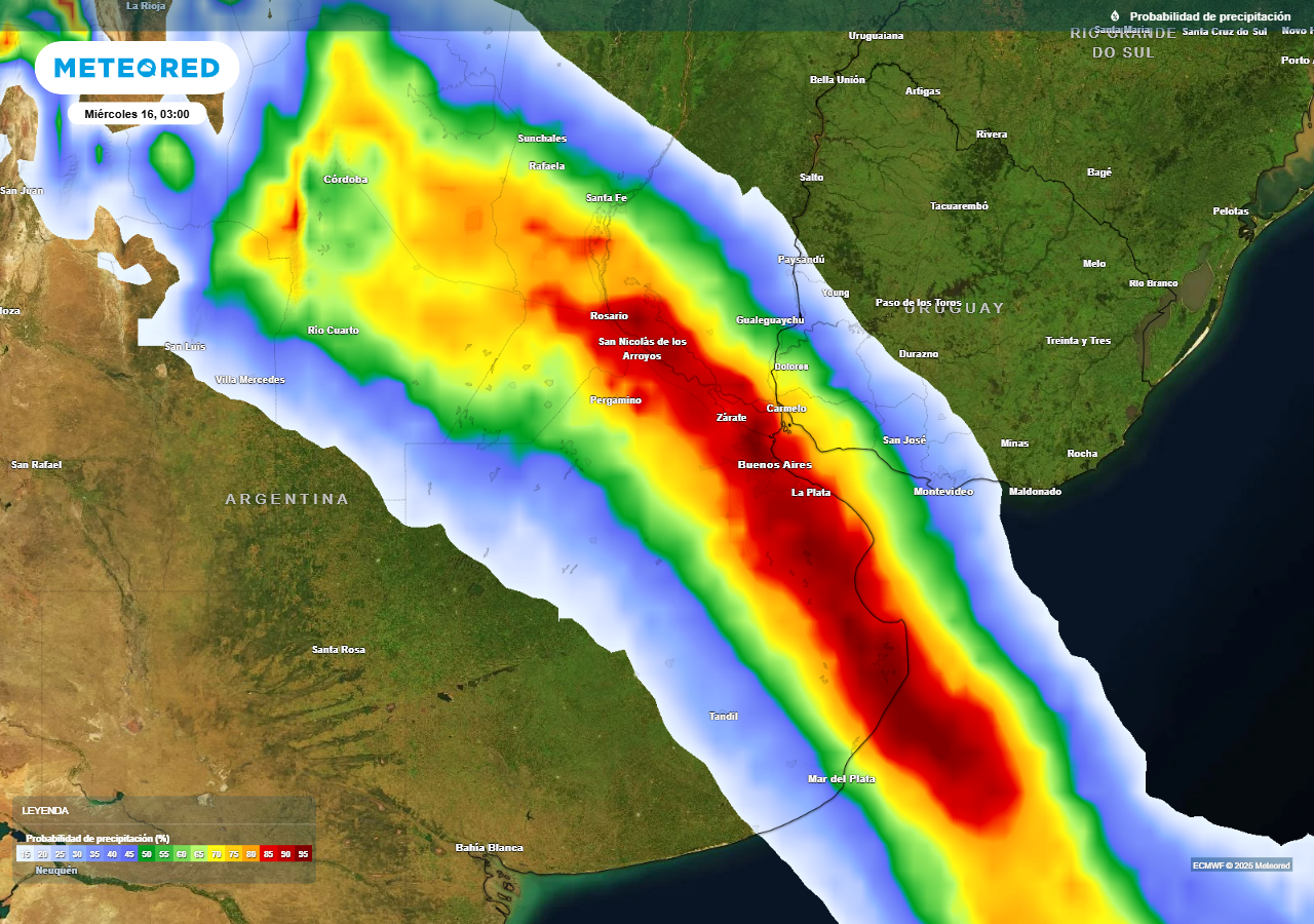 Se espera una probabilidad alta de lluvias y tormentas en Buenos Aires hacia la madrugada del miércoles 16.