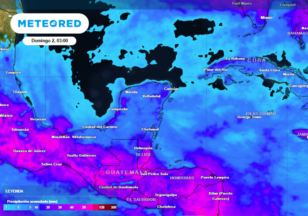 Pronóstico de lluvia acumulada para esta semana en la Península de Yucatán.