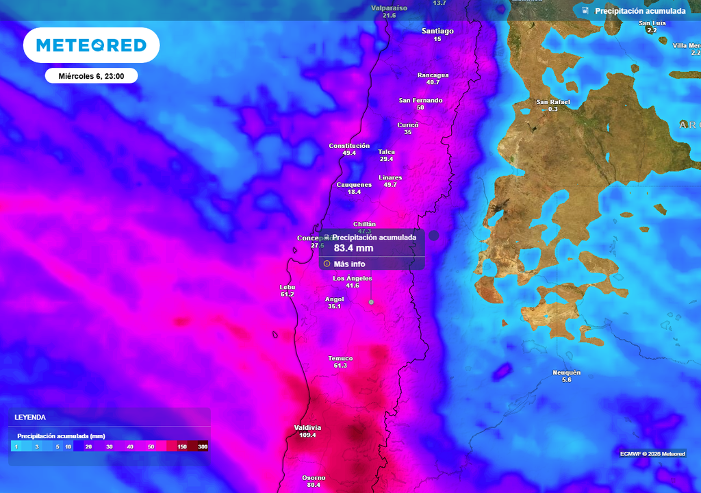 Precipitación acumulada (mm) hasta la noche del miércoles (06).