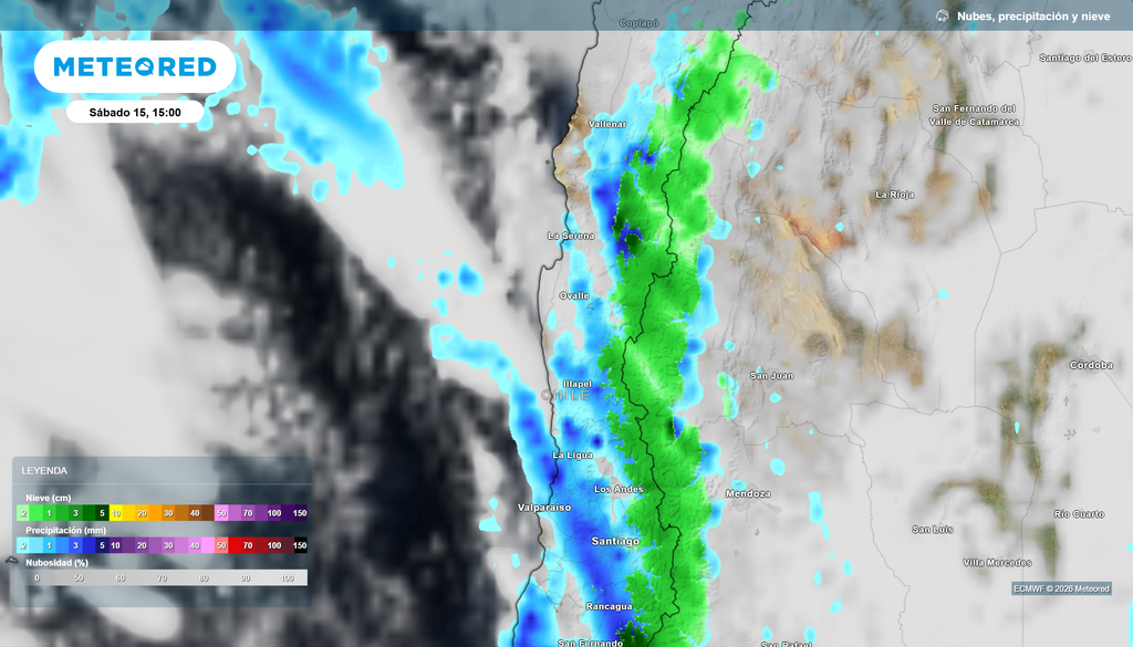 Se proyectan precipitaciones normales a moderadas para el sábado 15 en la Región de Coquimbo, con lluvias extendiéndose desde los valles precordilleranos, precordillera y cordillera.