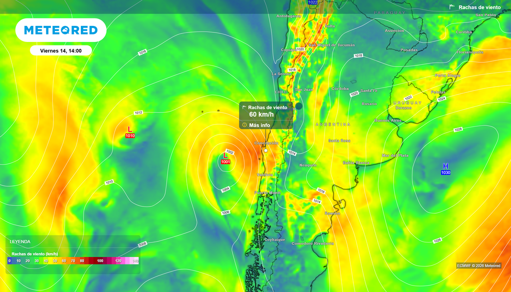 El viernes 14, un centro de baja presión frente al centro-sur de Chile favorecerá rachas de hasta 60 km/h en Ñuble y Biobío, especialmente en litoral y cordillera de la Costa.