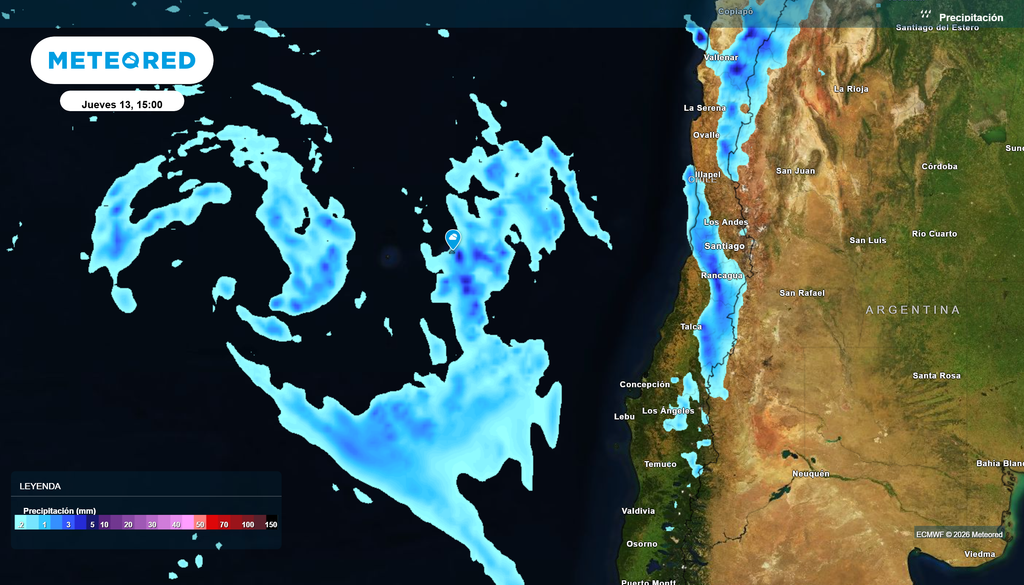 Se prevén precipitaciones sobre el Archipiélago Juan Fernández durante el jueves 13, jornada en que podrían registrarse tormentas eléctricas y lluvias localmente intensas en cortos periodos de tiempo.