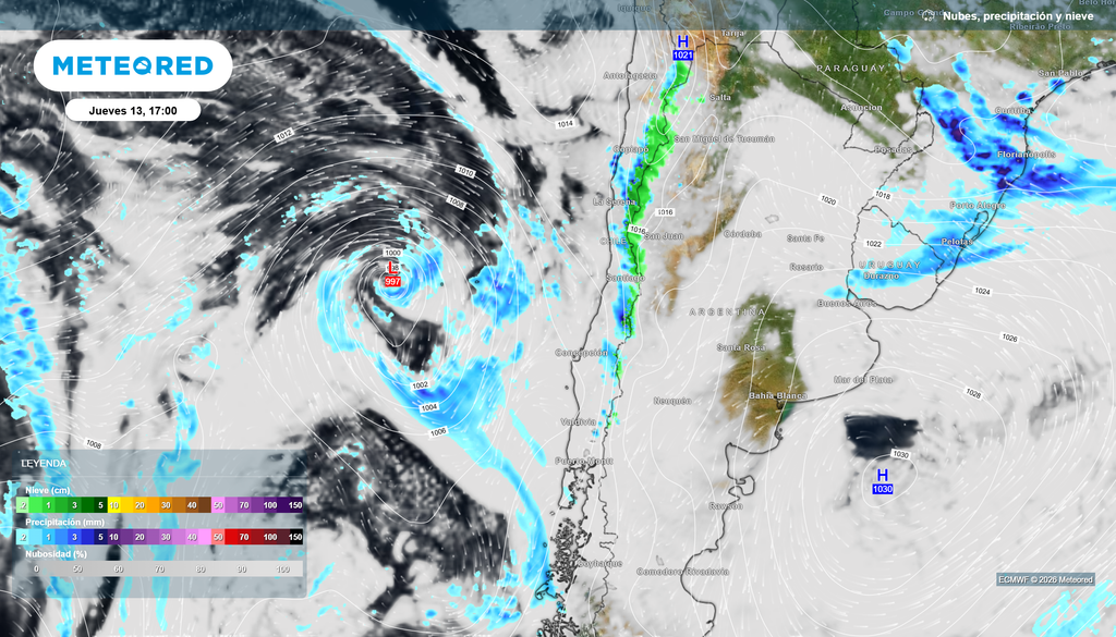 Un centro de baja presión avanzará desde el Pacífico hacia Chile, transportando abundante humedad y extendiendo las precipitaciones principalmente sobre la zona central, aunque también alcanzarán sectores del norte y del sur del país.