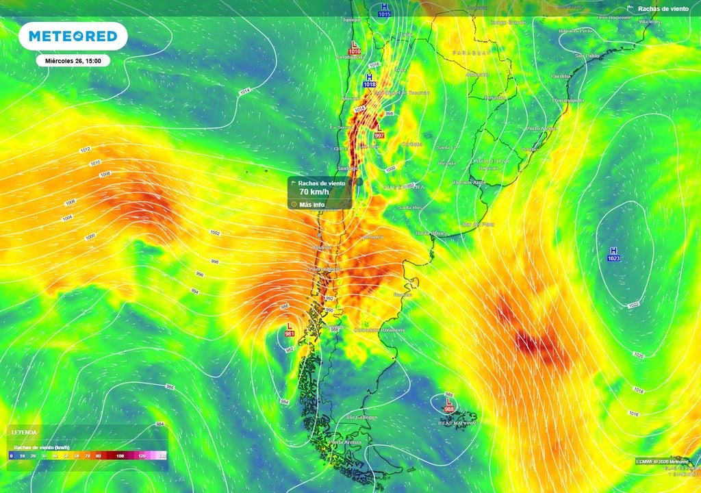Las rachas en el centro-sur y sur podrían alcanzar los 70 km/h en el borde costero.