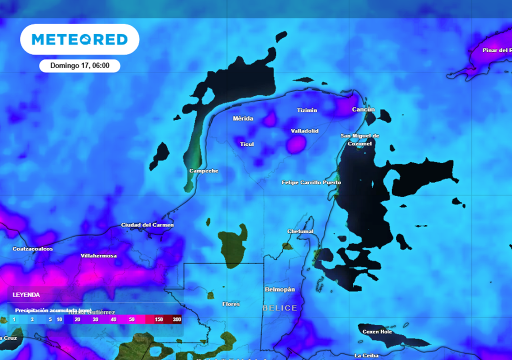 Pronóstico de lluvia acumulada para esta semana en la Península de Yucatán.