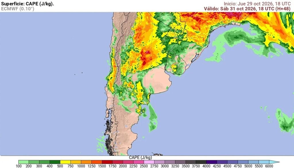 CAPE Energía Potencial Convectiva Disponible: las condiciones son propicias para la ocurrencia de tormentas eléctricas y granizos en la RM.