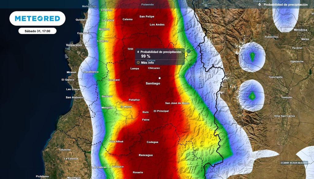 Probabilidad Altísima la probabilidad de ocurrencia de precipitaciones durante la tarde de este sábado 31 en Santiago.
